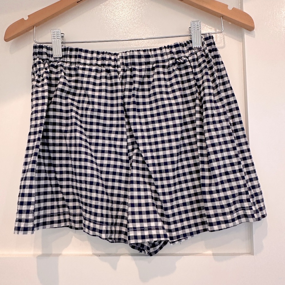 Handmade Cotton Shirt navy blue gingham shorts Elastic Pull On sz M